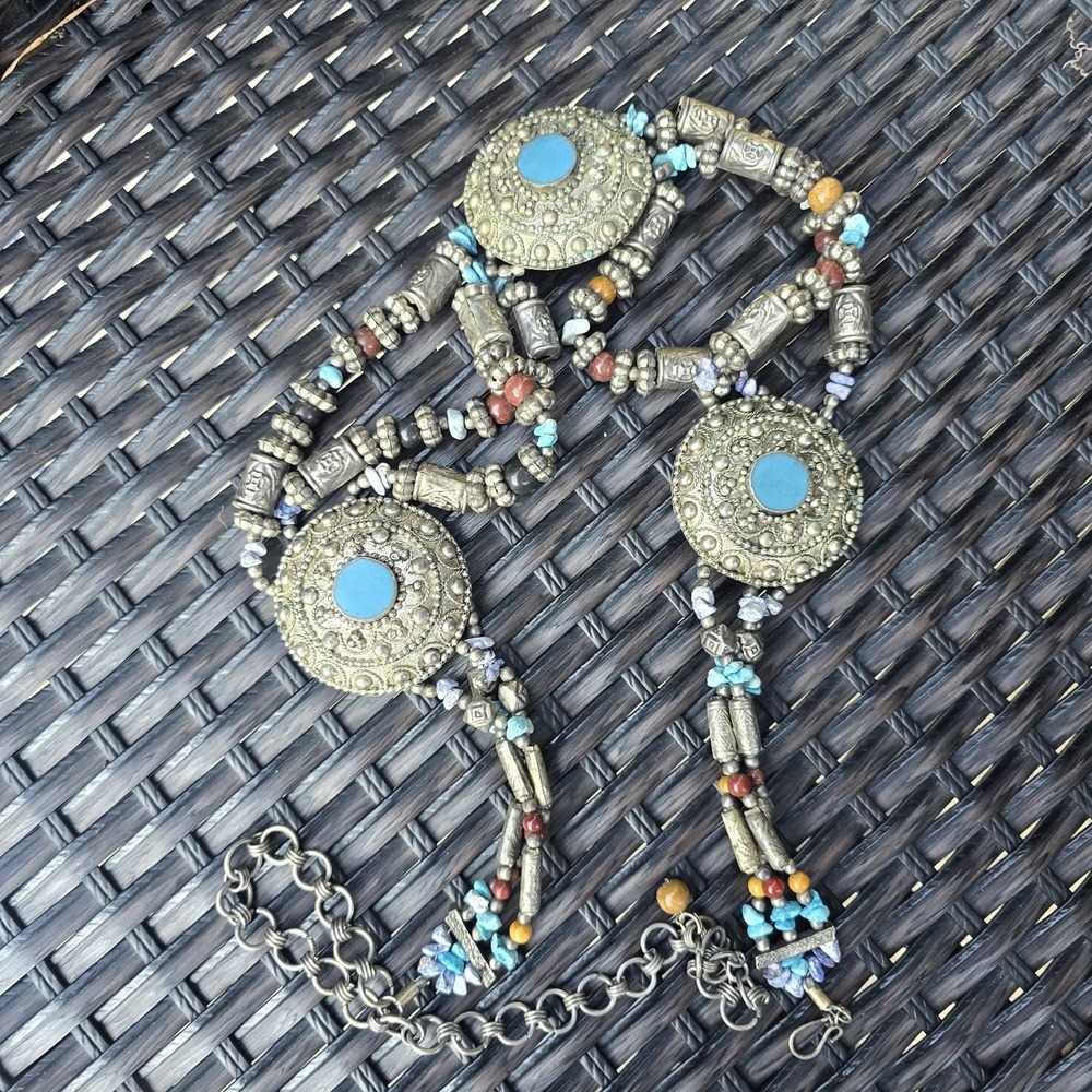 Vintage Style Tribal Belt 41" Faux Turquoise Silver Tone Boho Kuchi Festival
